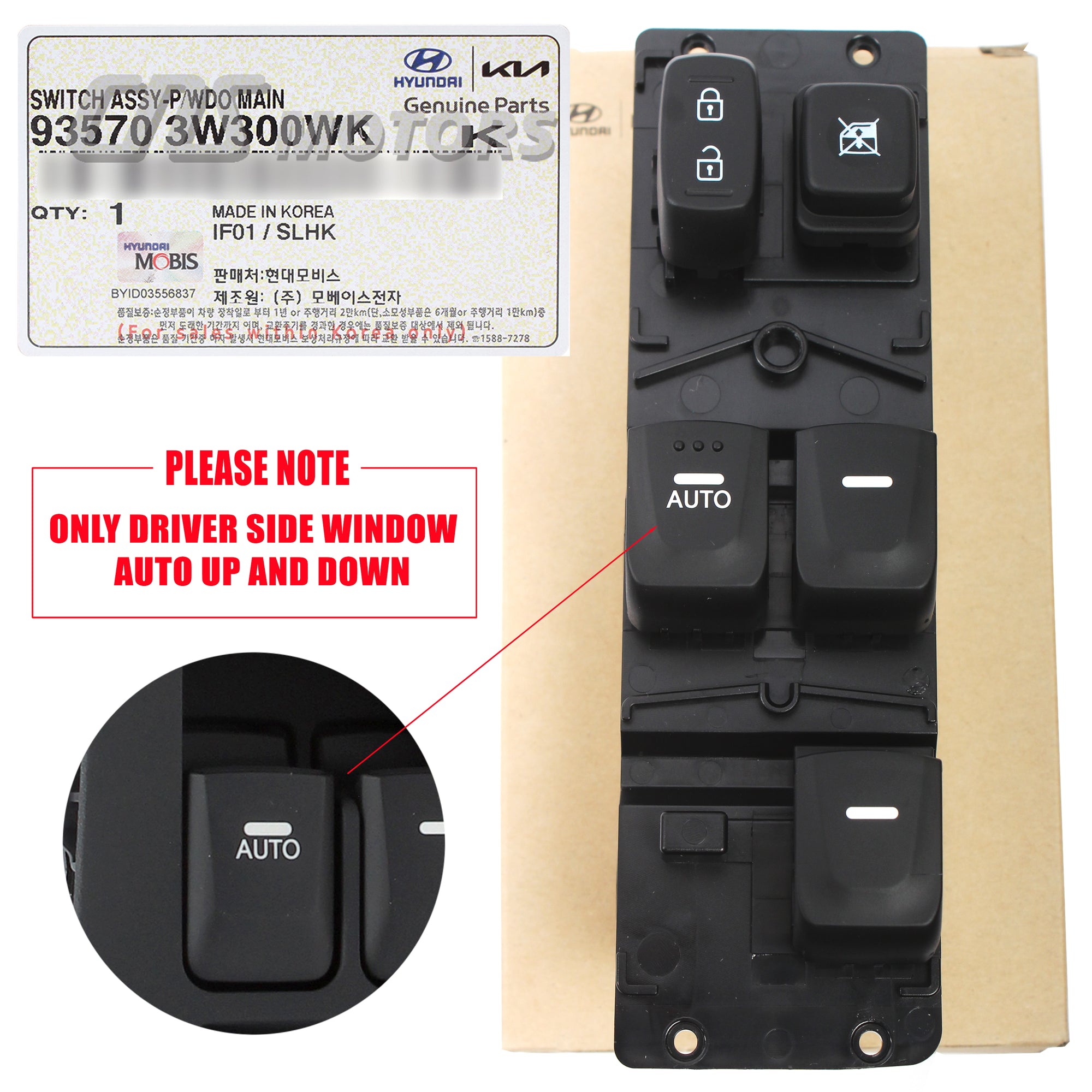 OEM Power Window Main Switch Driver Auto Only!!! for 12-17 Veloster 935702V000